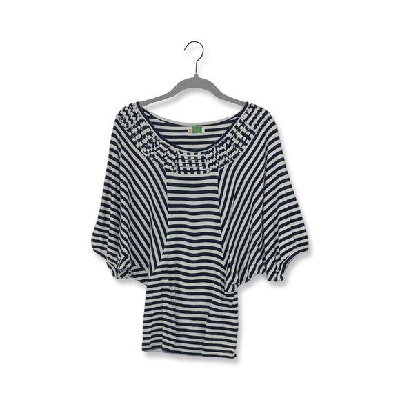 Anthropologie Ett Twa Navy Blue and White Dolman Sleeve Banded Waist Top Shirt - Picture 1 of 8